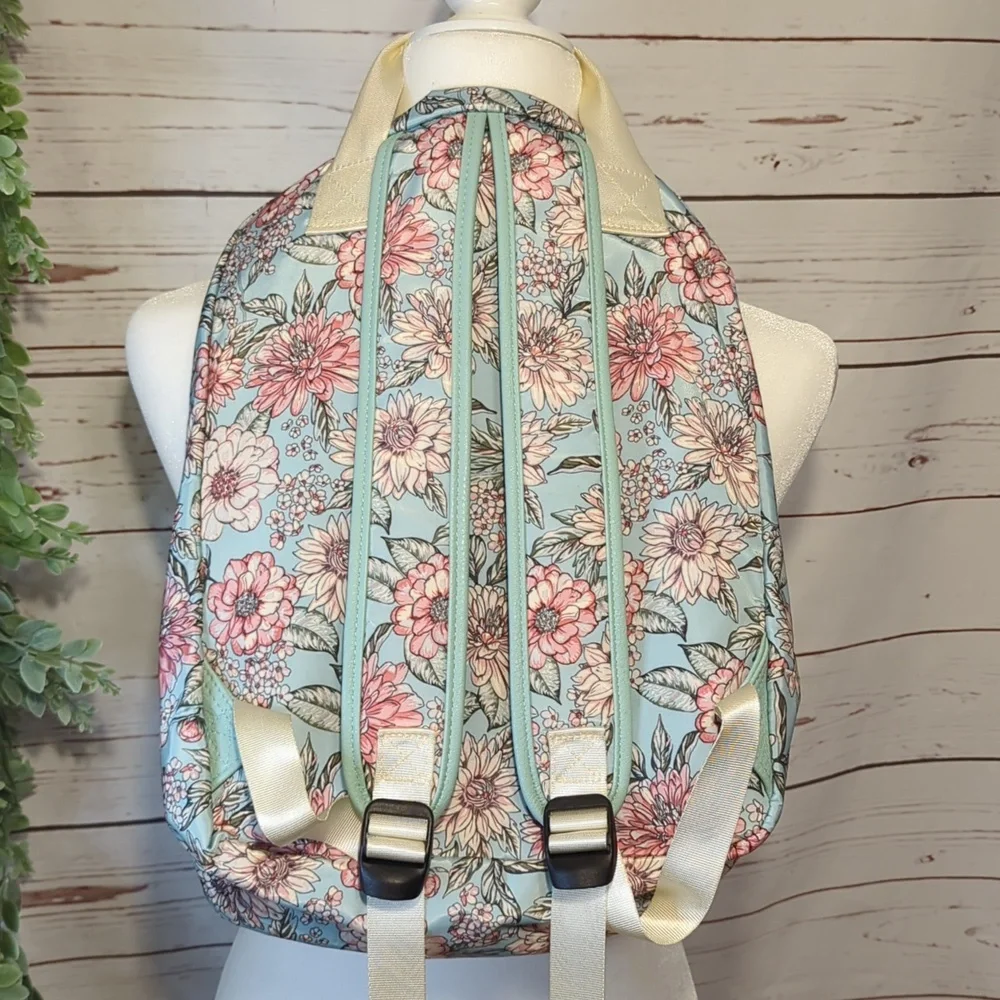 Chrysanthemum Floral Teal and Pink‎ Women's Backpack Purse Satin Feminine Girly